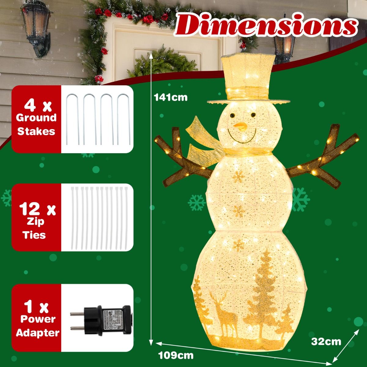 Coast LED-Schneemann-Weihnachtsdekoration – 100 warmweiße LED-Lämpchen – 141 cm hoch – mit Hut und Schal – weiß