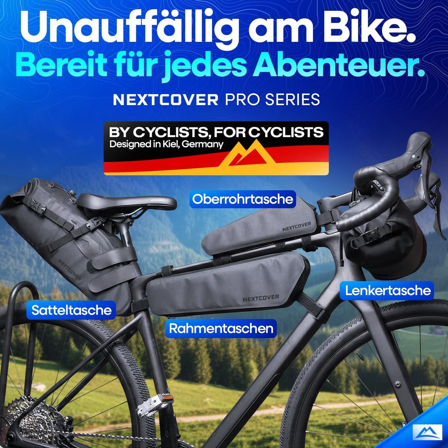 Nextcover® Bikepacking Rahmentasche - 46 cm - Fahrradtasche Rahmen - Unterrohrtasche Fahrrad - Für Gravelbike, Rennrad, MTB