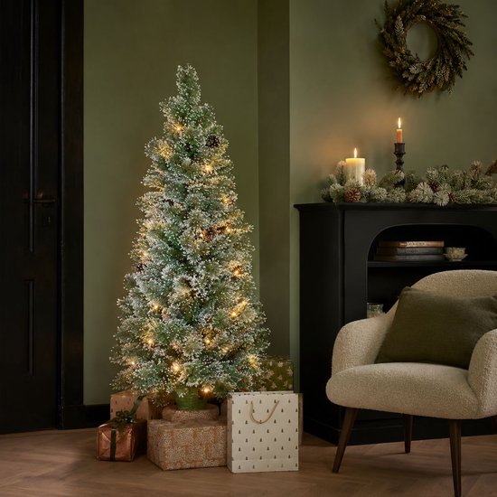 Black Box Trees Vandans Kunstweihnachtsbaum mit Beleuchtung H120 x Ø60 cm – Kunstbaum mit Weihnachtsschmuck – Kunstweihnachtsbaum mit verschneiten Zweigen – Grün