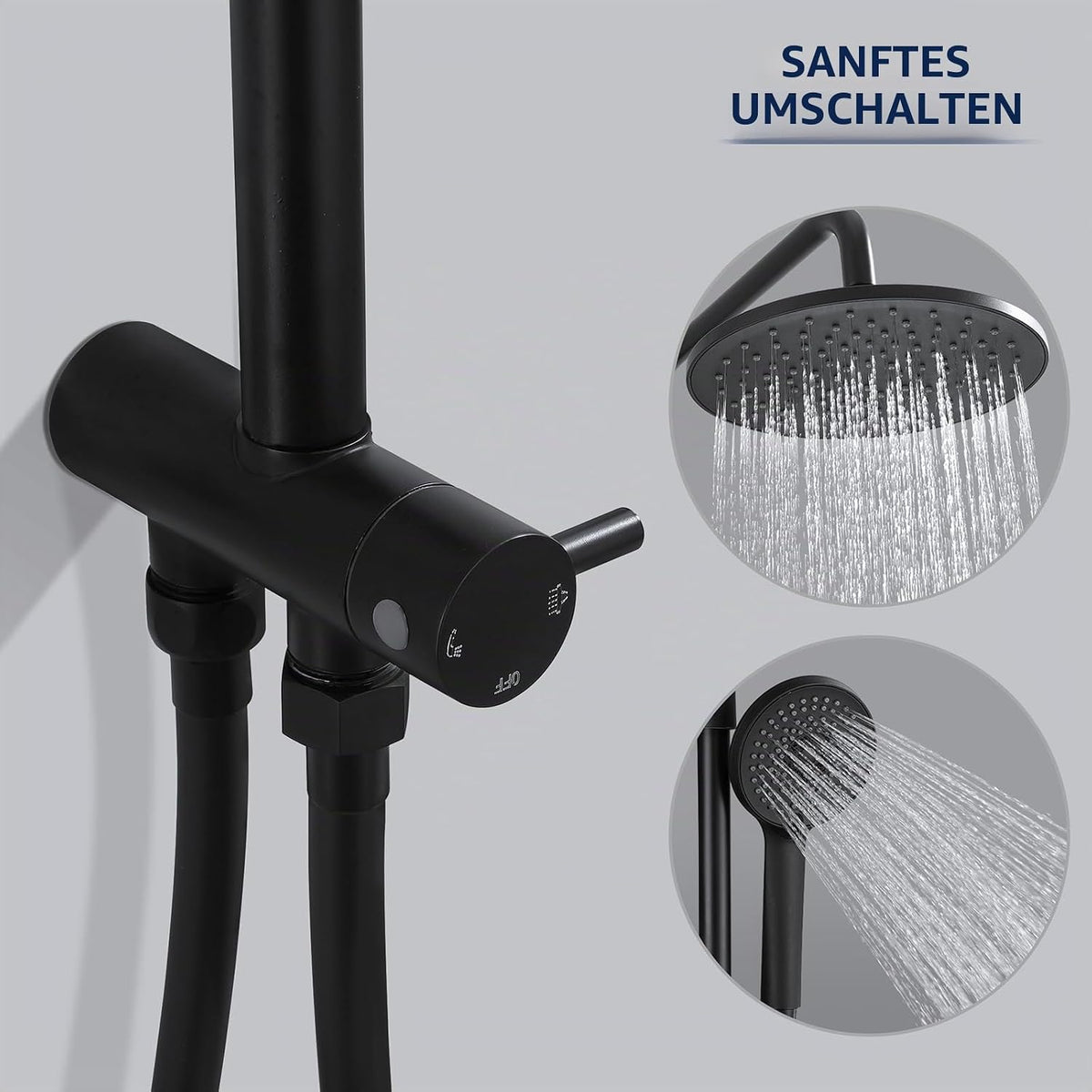 Homelody Regenduschen-Set ohne Wasserhahn – Handbrause mit 4 Einstellungen – Kopfbrause 9 Zoll – Höhe 101,4 cm – Edelstahl – Mattschwarz