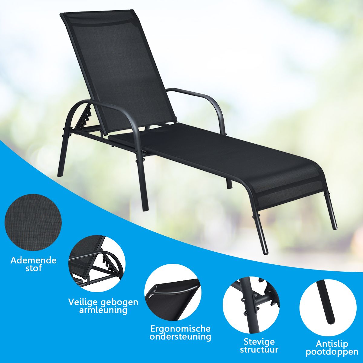 Coast Adjustable Lounger - bis zu 160 kg - 5 Ständer - 192 x 66 x 61 cm - Schwarz
