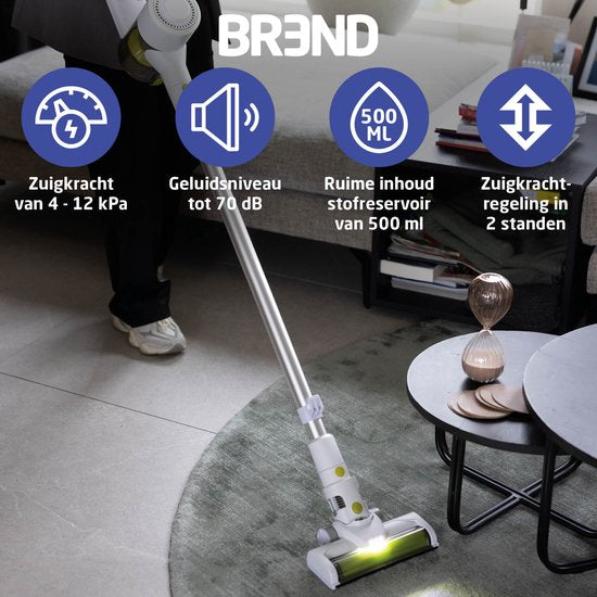 BREND BR-2214 Kabelloser Handstaubsauger mit LED-Beleuchtung - Dreifachfilter nimmt 99,5% Feinstaub auf - Weiß/Grün