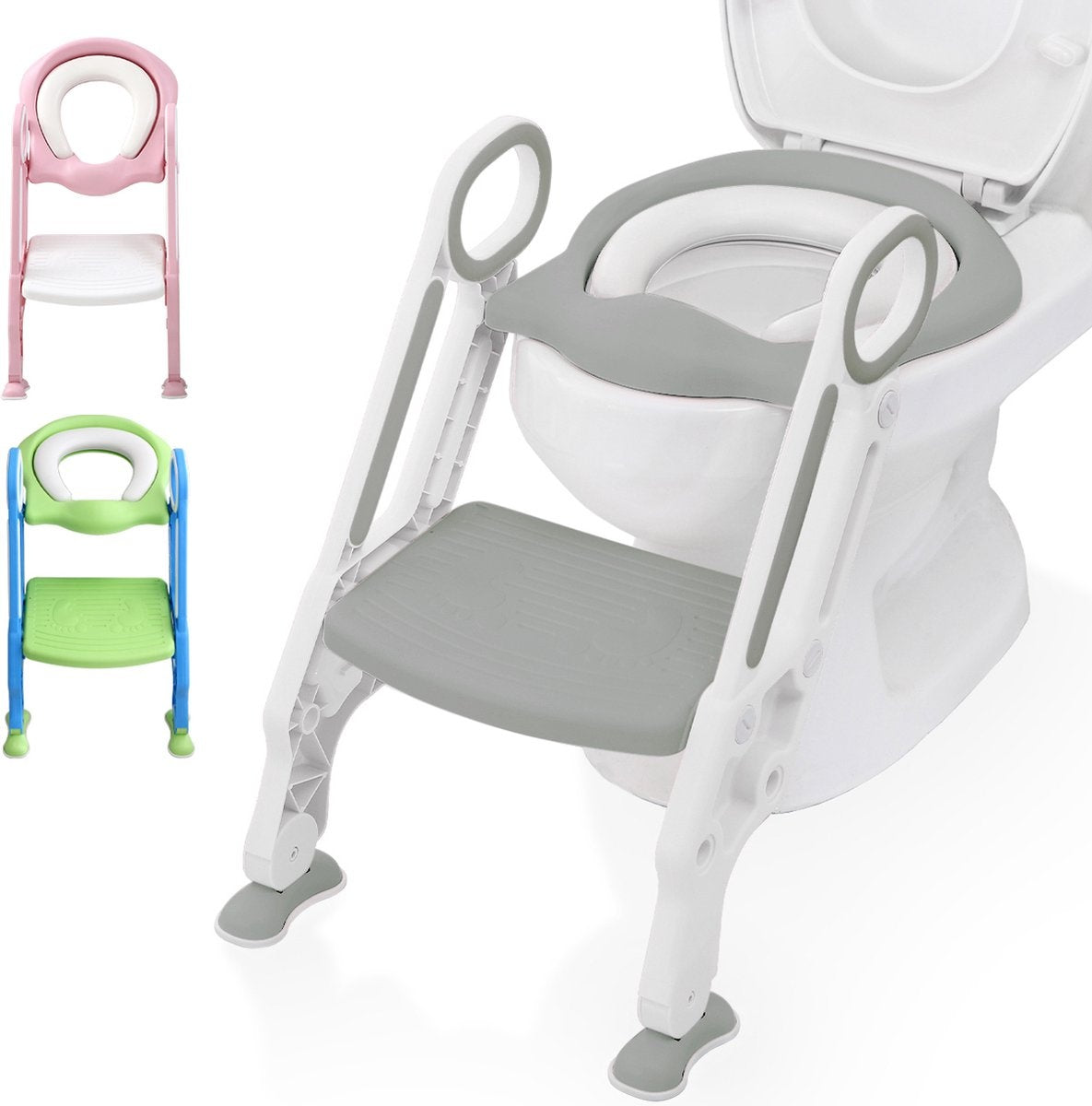 LifeGoods Toilettensitzverkleinerer - Toilettentrainer mit Treppe - Töpfchen Kleinkind - 2 bis 7 Jahre - Grau/Weiß
