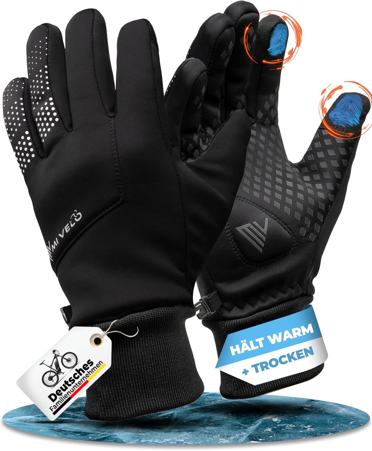 MIVELO Cycling Handschuhe VELORIDER - Wind- und wasserdicht - Funktioniert mit Touchscreens - Schwarz - Größe XL
