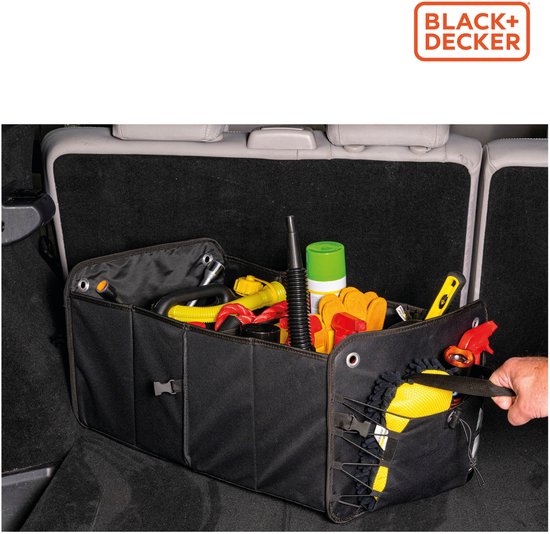 BLACK+DECKER Kofferraum-Aufbewahrungsbox – 59 x 36 x 30 cm – 2 Fächer – Zusätzliche Seitentaschen – Mit Griffen – Schwarz