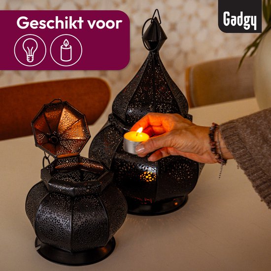Gadgy Orientalisches Windlicht - Marokkanisches Windlicht - Dekoration für Innenräume - Tischlampe - Teelichthalter Wohnzimmer - Teelichthalter Geschenk - Metall 26x18 CM