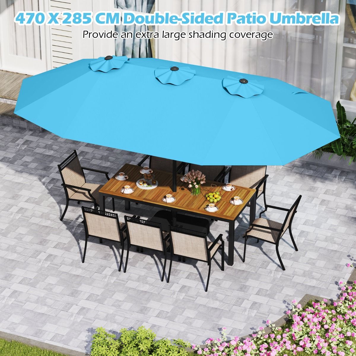 Coast Doppel-Terrassenschirm 470 x 285 x 261 cm – Türkis – Beschwerter Fuß mit Kurbel – 12 stabile Streben – Rechteckiger Garten- und Terrassenschirm