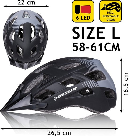Dunlop Fahrradhelm - Größe L - einstellbar 58-61cm - LED-Beleuchtung - Schwarz