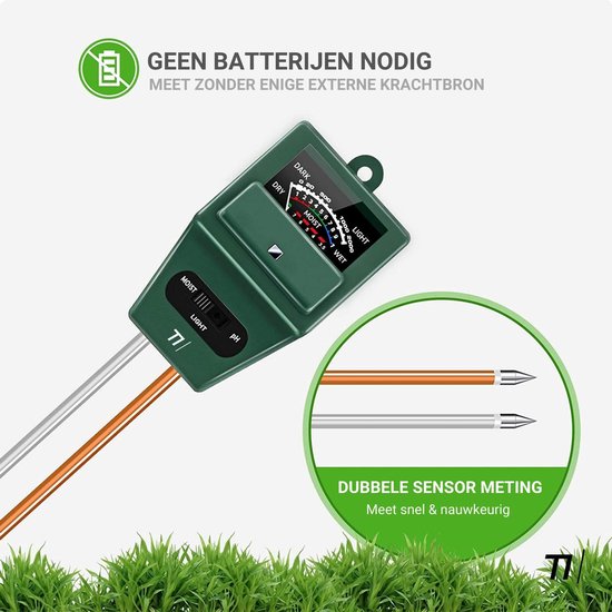 TIKKENS® Bodenfeuchtemessgerät Pflanzen - Pflanzenfeuchtemessgerät - pH- und Lichtmessgerät - 3 in 1 - Blumen/Pflanzen - Garten-Bodentests - Feuchtemessgeräte