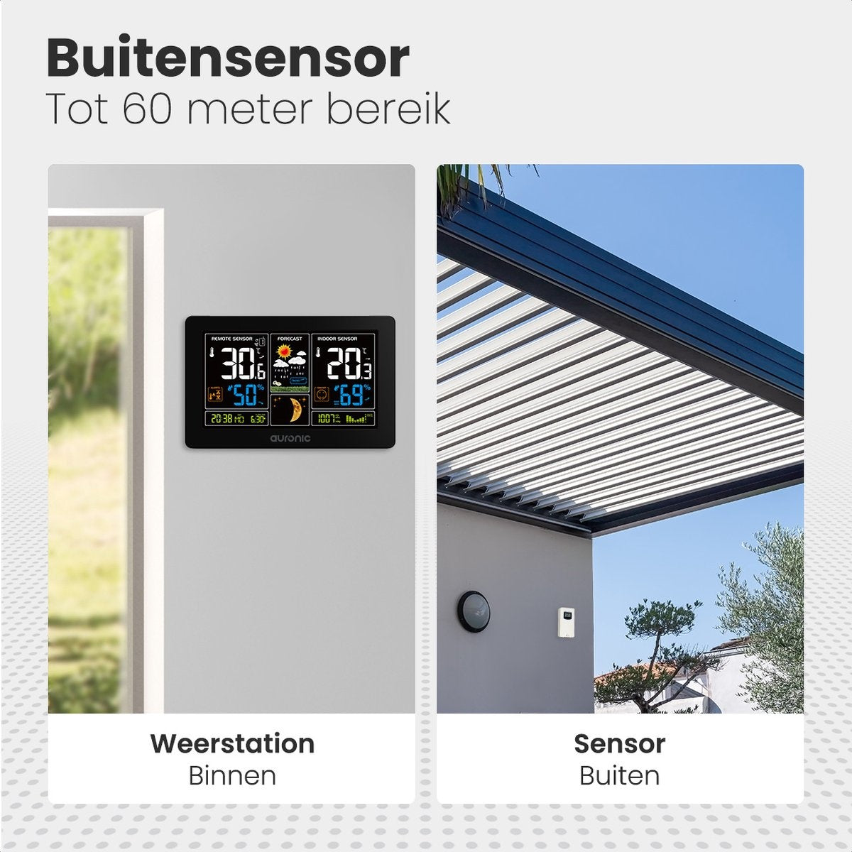 Auronic - Wetterstation - Funk mit Außensensor - Drahtlos - Innen/ Außen - 60M Reichweite - Schwarz