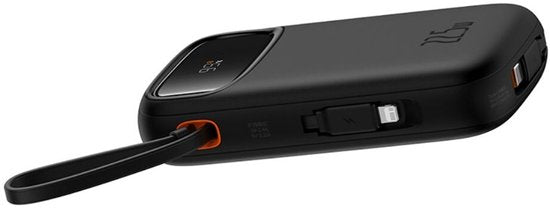 Baseus 10.000-mAh-Powerbank | Schnellladung mit 20 W über USB-C und USB-A | Reiseformat mit Display, schwarz | Universelle Powerbank, u. a. geeignet für Samsung und iPhone | Integriertes USB-C- und Lightning-Kabel
