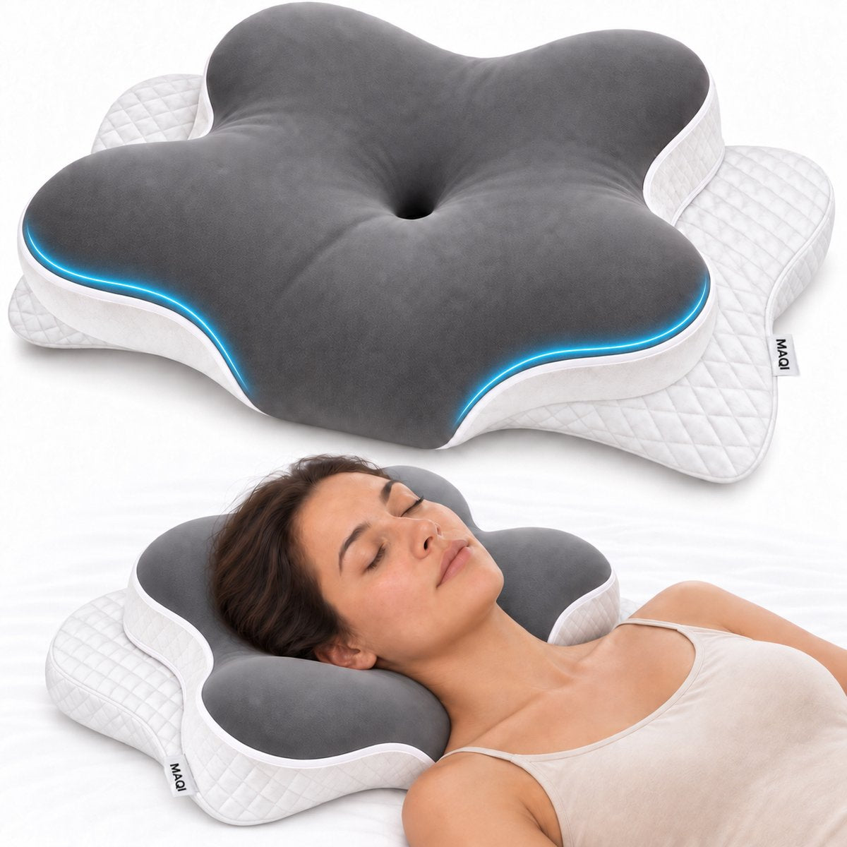 Maqi Living Ergonomisches Kopfkissen aus Memory-Schaum – Nackenstütze mit 2 Höhen – Für Rücken-, Seiten- und Bauchschläfer – 68 x 45 cm – Weiß