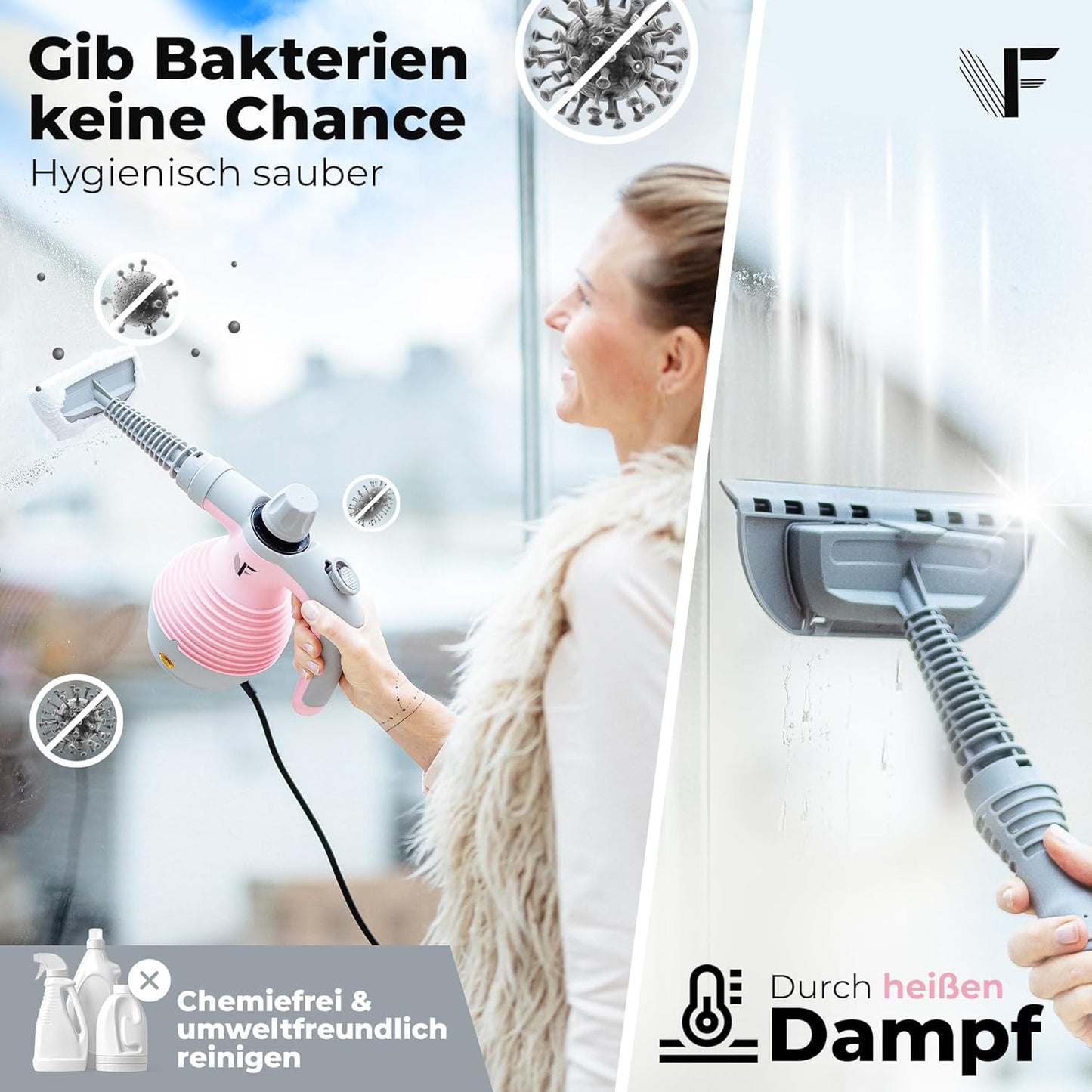 Neighbour's Friend Leistungsstarker Handdampfreiniger - 350ml Tank, Dampfregulierung & Aufsätzen - Rosa