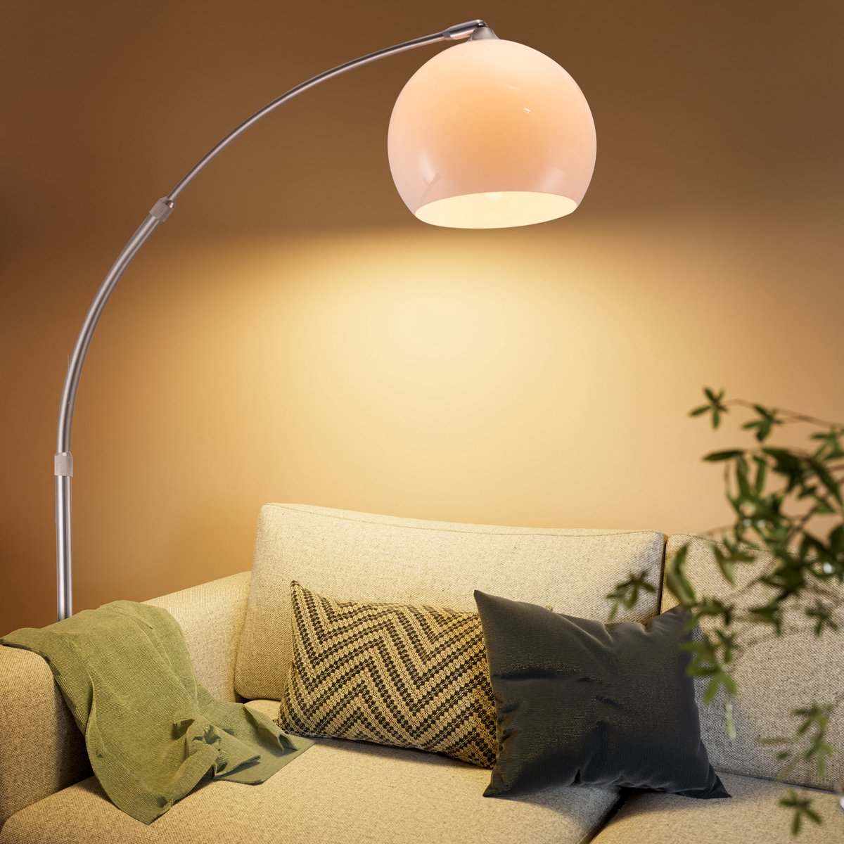 Monzana Retro Design Bogenlampe - Stehleuchte - Verstellbar 190-210 cm - Opalweiß - Silber