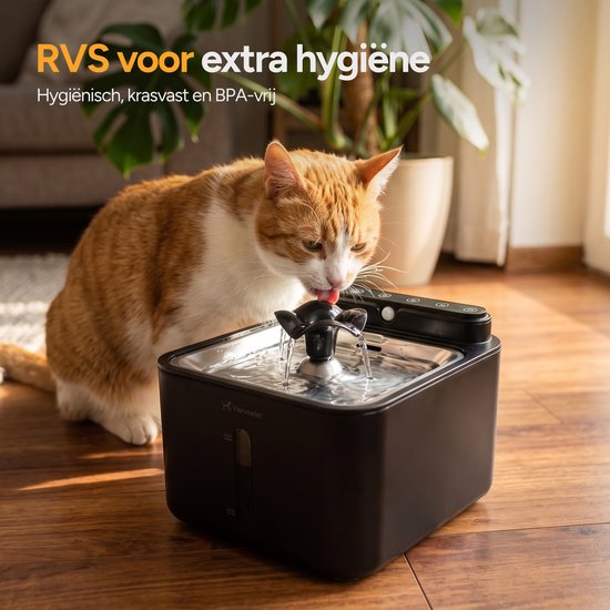 Viervoeter® Kabelloser Trinkbrunnen aus Edelstahl – Sensor-Trinkbrunnen für Katzen und Hunde – Inklusive 3 Filtern – 3,2 l – 30 Tage Batterielaufzeit – Flüsterleise