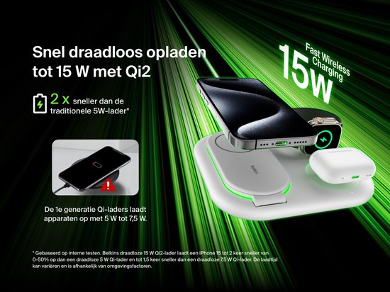 Belkin 3-in-1-Wireless-Ladegerät mit Qi2 15 W – MagSafe-kompatibel – Weiß