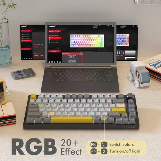 Ajazz AK820 – 75 % kabelgebundene RGB-Gaming-Tastatur – mechanisch – Gasket – Hot-Swap – Lautstärkeregler – QWERTY-Tastatur – 82 Tasten – Mondlichtgelb