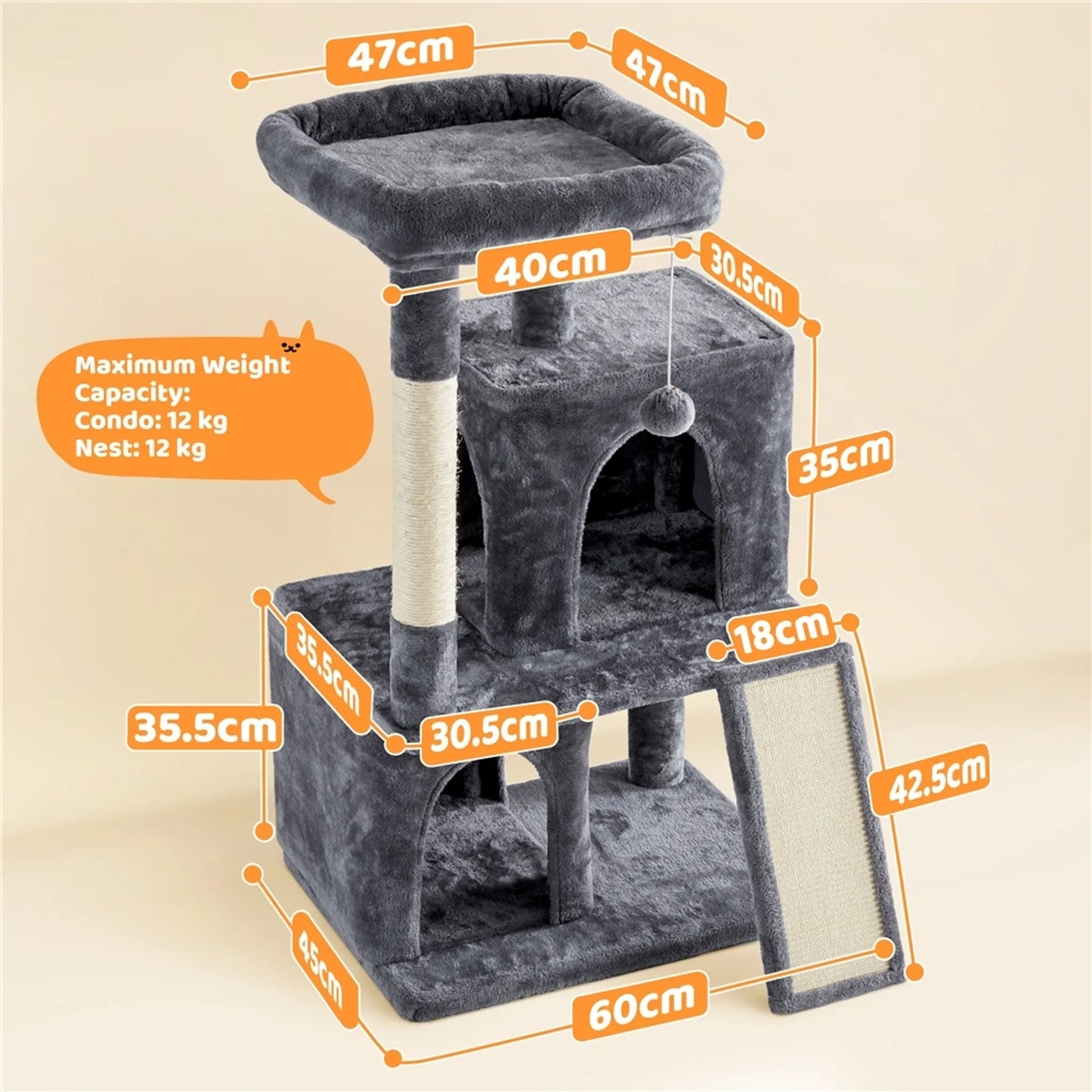 Yaheetech Katzenpfosten mit zwei Katzenhäusern - Ausgestattet mit Aussichtsplattform und Kratzbrett und Sisalstange und Spielball - Für 1-2 kleine bis mittlere Katzen - Dunkelgrauer Plüsch und Sisal - 60 x 45 x 106 cm