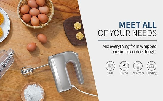 Safecourt Kitchen - Handmixer - Turbo-Funktion - Quirl & Knethaken & Schneebesen - Stahl - Silber