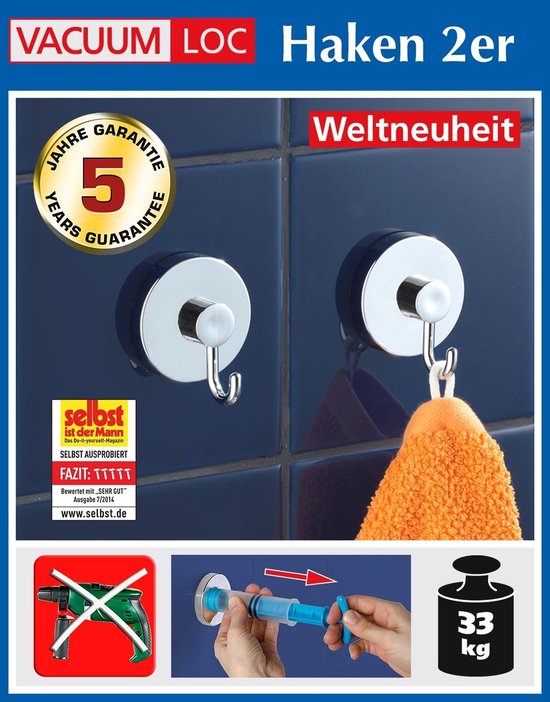 WENKO Vacuum-Loc Handtuchhaken, 2er-Set, Chrom – Wandhaken – Handtuchhalter – Handtuchhaken – Befestigung ohne Bohren