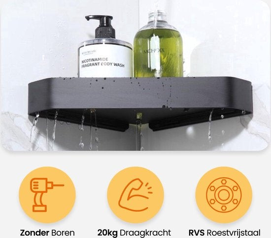 Goliving Doucherek 2 laags - Doucherek zonder boren - Doucherekje hoek - Douchemandje - Badkamerrek - Badkamer accessoires - Zwart