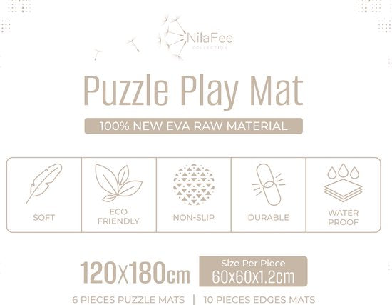 NilaFee™ – Spielmatte – Schaumstoff – Baby – Spielteppich – Krabbelmatte – 180 x 120 x 1,5 cm – Puzzlematte – Aufbewahrungstasche – Classic Sand