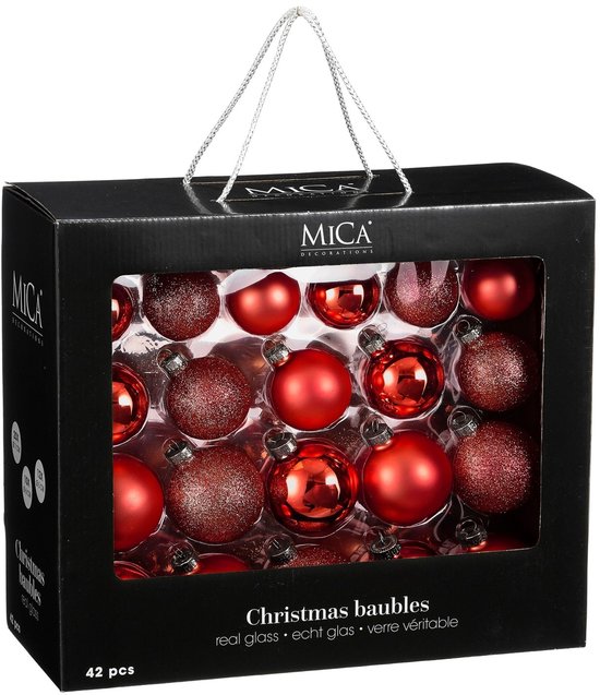 Mica Decorations Weihnachtskugeln-Set, 42 Stück – Weihnachtskugeln für eine solide Basis – Weihnachtsdekoration mit mattem, glänzendem und glitzerndem Finish – Baumspitze in verschiedenen Größen – Ø 7 cm – Rot