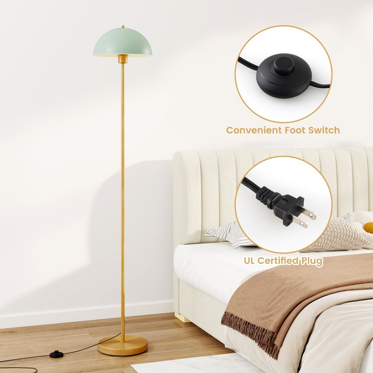 Coast Stehlampe – verstellbarer Lampenkopf – bruchsicherer Lampenschirm – gold, grün und weiß – 163 cm