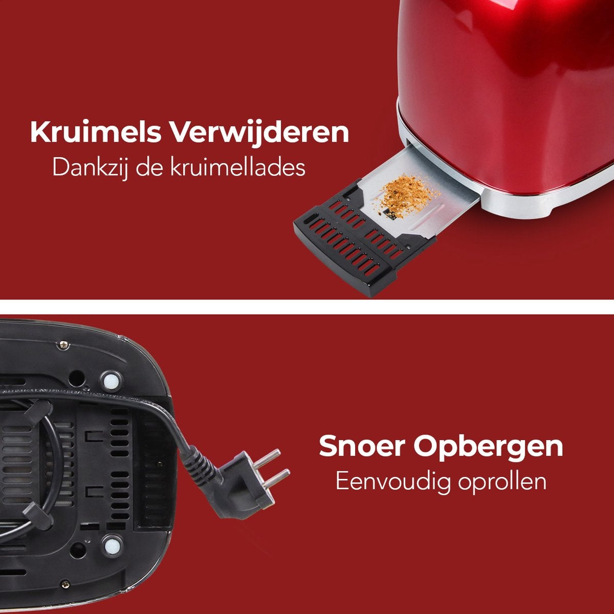 KitchenBrothers Retro-Toaster - 6 Heizstufen - 2 extra breite Schlitze - 1630W - Aufwärm- und Auftaufunktion - Rot