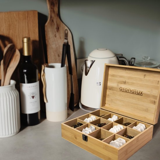 Grandlux Teedose mit 12 Fächern – Geräumige Fächer für Pickwick, Pukka, Twinings, Clipper – 100 % Bambus – Tee-Organizer