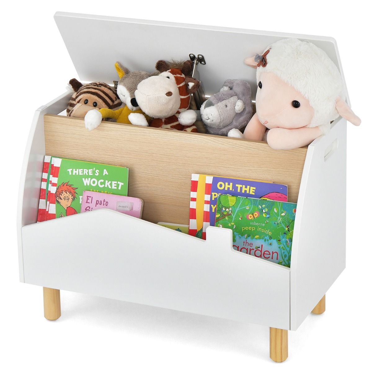 Coast Spielzeugkiste aus Holz mit Ablage – Sicherheitsscharnier – Griffe – Weiß 60 x 33 x 44 cm