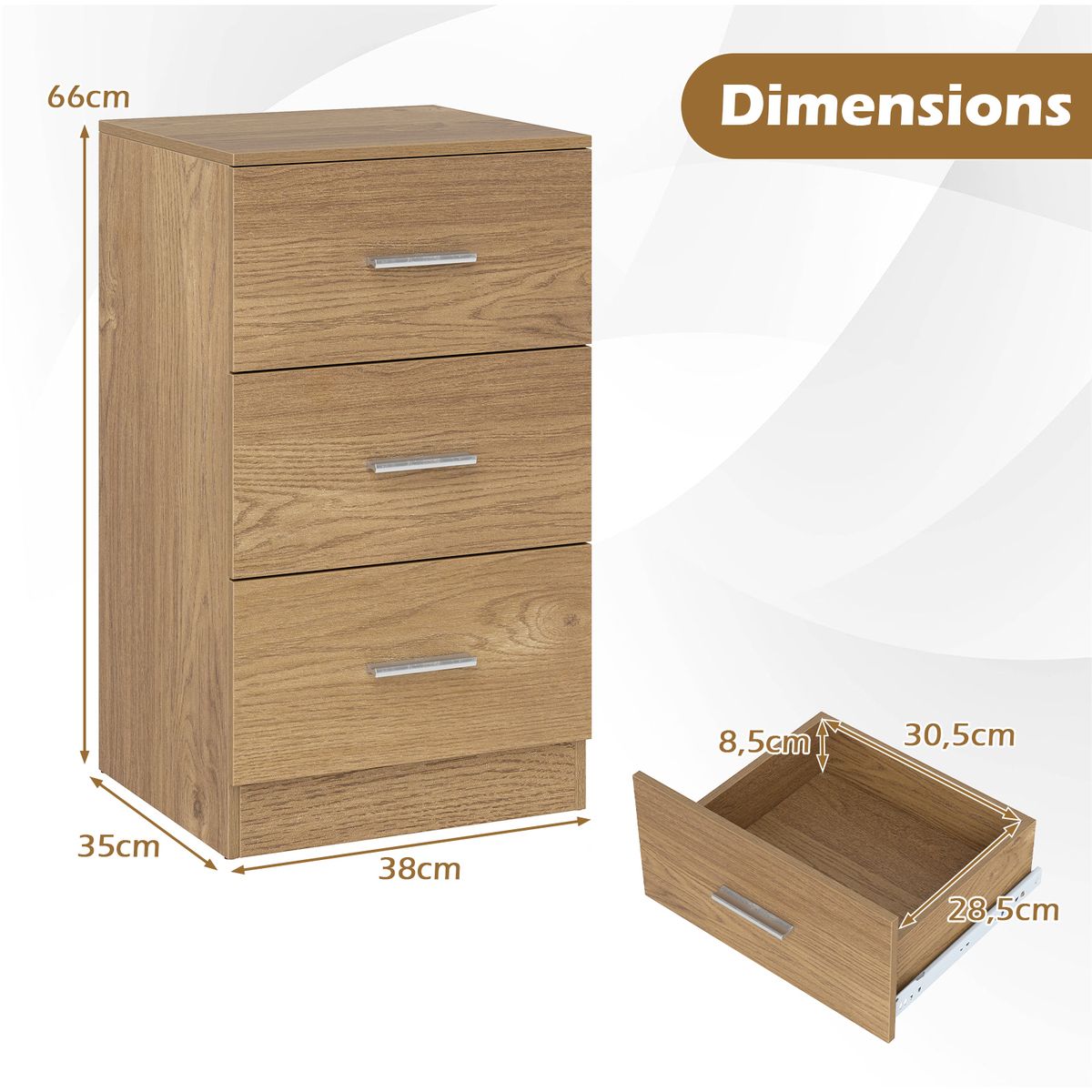 Coast Nachttisch – Kommode aus Holz mit 3 Schubladen – Modernes Design – Naturfarben 38 x 35 x 66 cm
