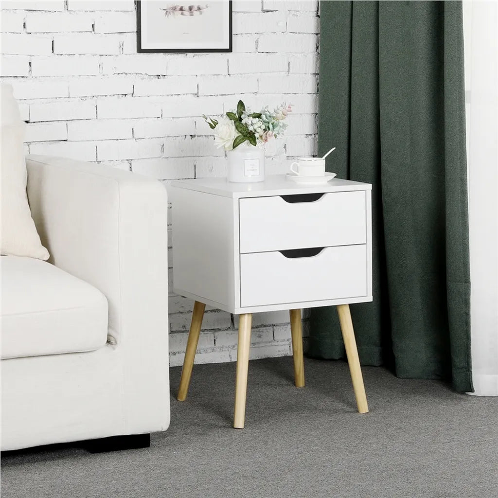 Yaheetech Set aus 2 Nachttischen 40 x 40 x 61 cm – Weiß – Beistelltische aus Holz mit 2 Schubladen