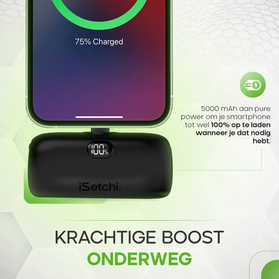 iSetchi Mini Powerbank 5000 mah - Kompakte Größe - Externer Akku - Integriertes Kabel - Notfallpaket - Lightning Kabel - LED Anzeige - Geeignet für iPhone - Schwarz