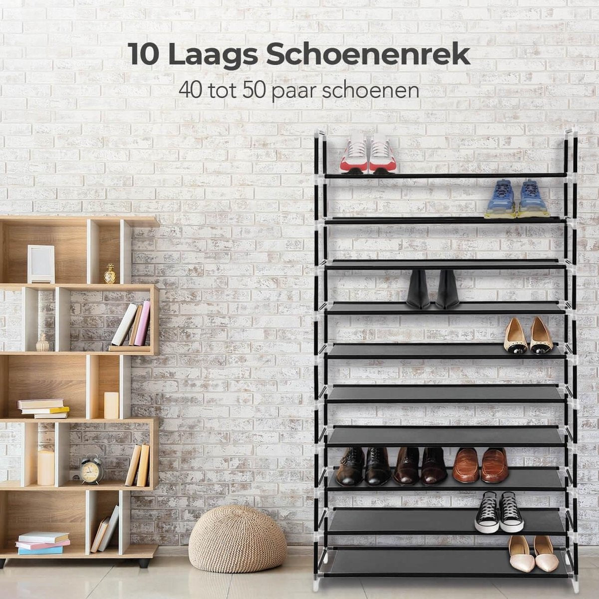 LifeGoods Schuhregal - XXL - 10 Ebenen - 35 bis 40 Paar Schuhe - Schuhschrank - Kunststoff - Schwarz