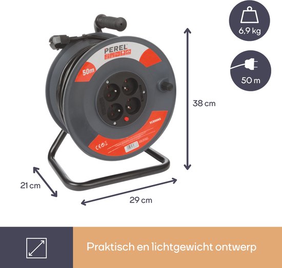 Perel Kabeltrommel, Innenbereich, 4 Steckdosen mit Schutzleiter, thermischer Schutz, Kabellänge 50 m, 3G1,5, grau