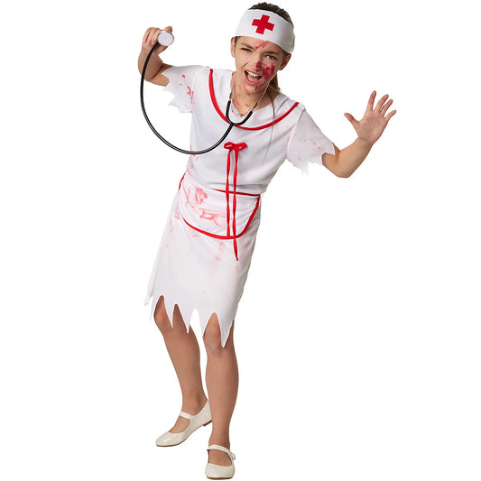 DressForFun Gruseliges Krankenschwester-Kostüm für Mädchen – Mit Blutspritzern, ausgefransten Säumen und einem Haarband mit Rotem Kreuz – Für Halloween und Gruselpartys – Rot und weiß, aus Polyester – 141 Zentimeter