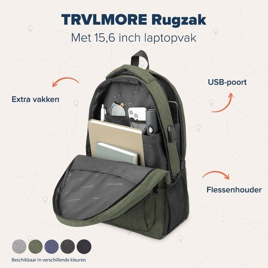 TRVLMORE Rucksack - 28L - 15.6 Zoll - Laptop-Rucksack - Schultasche - Unisex - Spritzwassergeschützt Grün