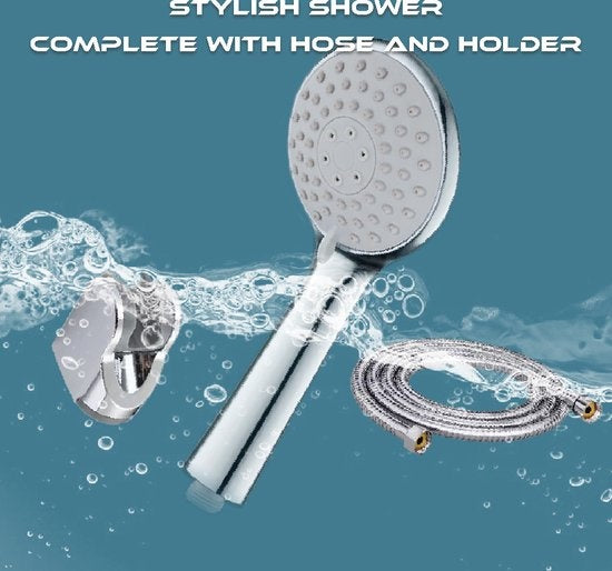 Fuegobird Duschköpfe - mit Schlauch und Halter - 3 Funktionen - Wassersparende Handbrause - Silber
