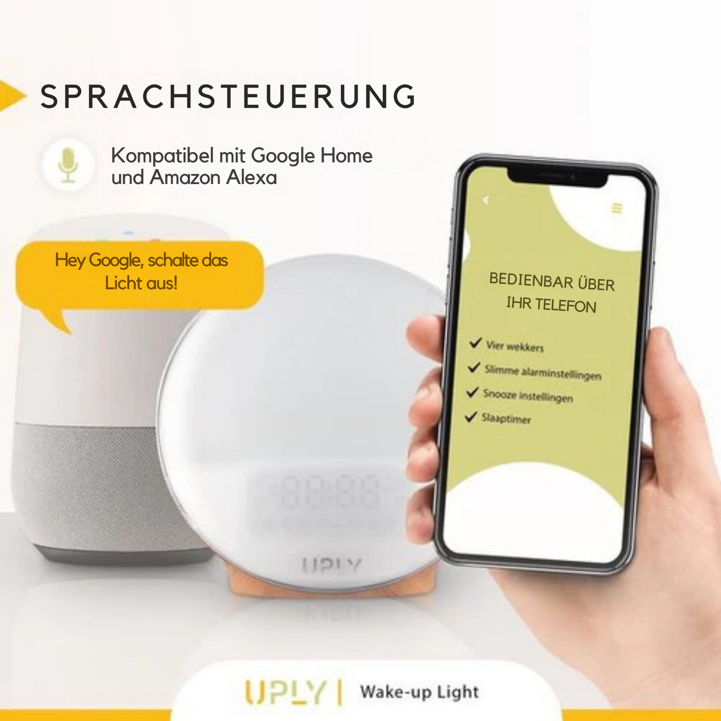 UPLY - Wake Up Light - Lichtwecker mit USB-Ladestation - mit 4 Alarmen - WiFi - Google Home | Amazon Alexa - Weiß