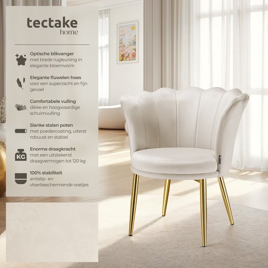 tectake® Sessel Stella – Schalensessel mit Armlehnen – Bequemer Esszimmerstuhl – Küchenstuhl – Dicke Polsterung – Für Wohn- und Esszimmer – Mit Samtbezug – Creme/Gold