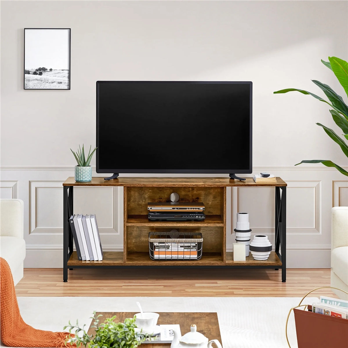 Yaheetech TV-Möbel 106 x 40 x 50,5 cm – Rostbraun – Industriestil – Offene Ablagefächer – 40 kg