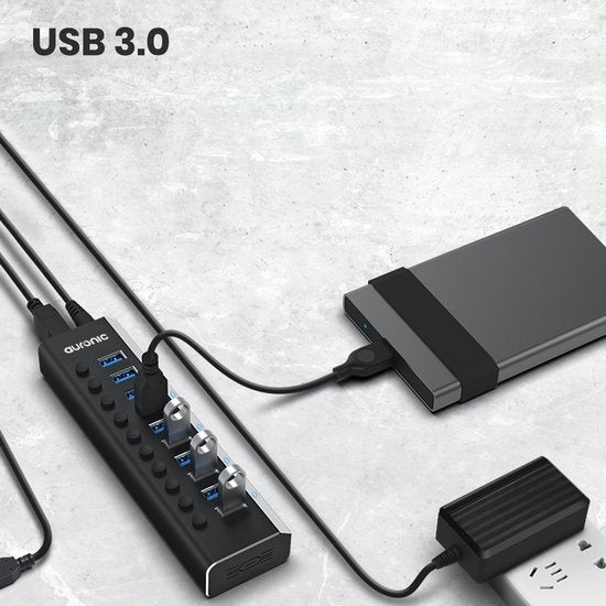 Auronic USB Hub 3.0 - USB Splitter mit 10 Ports - mit Netzteil - 5 GBPs - Led-Anzeige - Schwarz