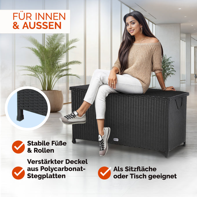 Casaria Polyrotan-Kissenbox - Ausgestattet mit zwei Gasfedern und wasserdichter Innenauskleidung und zwei Rädern - Für Sitzkissen und Gartenzubehör - Schwarz pulverbeschichteter Stahl - Einhundertsiebzehn lang und dreiundfünfzig breit und sechzig hoch cm