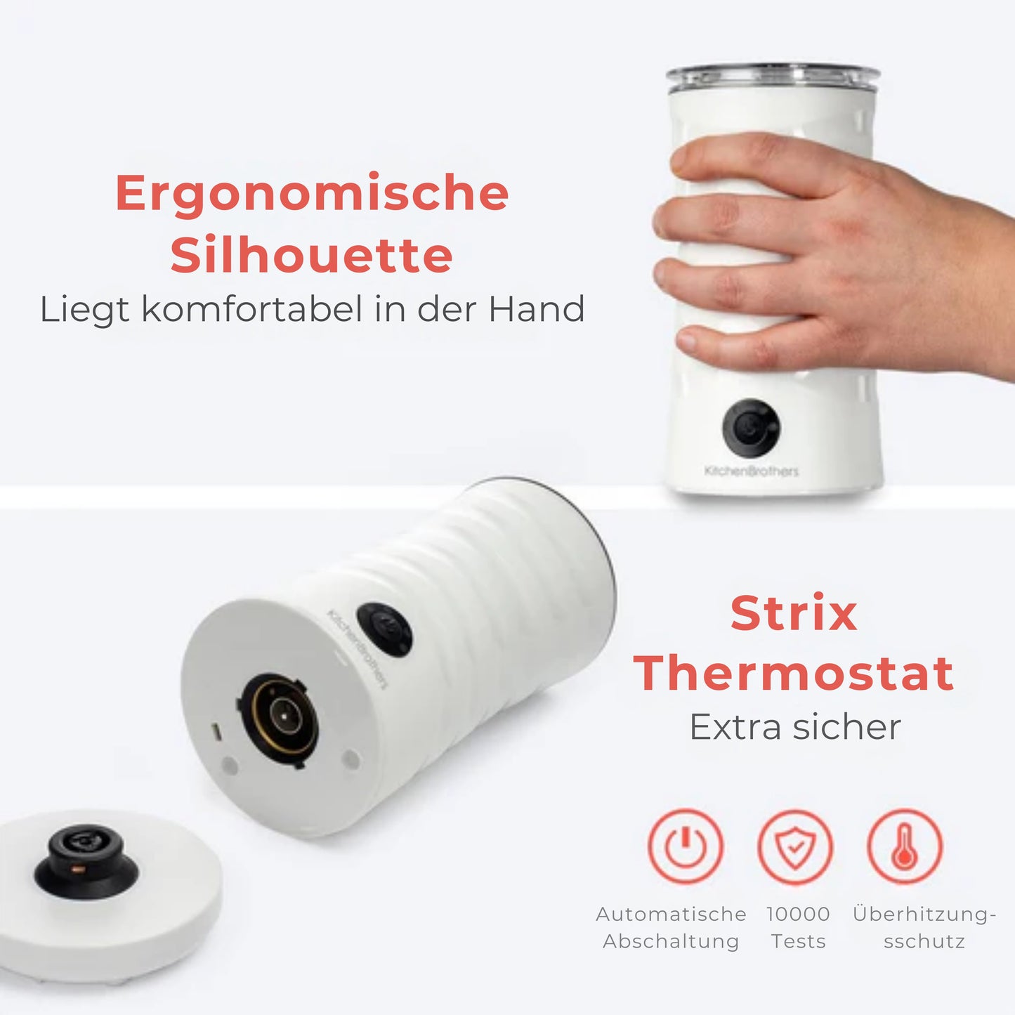 KitchenBrothers Elektrischer Milchaufschäumer – 4-in-1 mit Warmhaltefunktion – 240 ml – Antihaft – Weißer Edelstahl