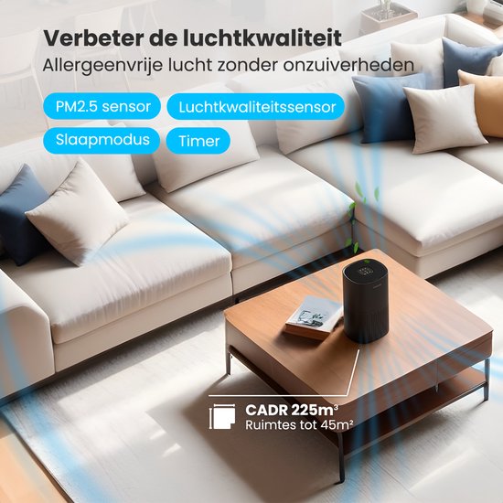 Auronic Luftreiniger Fresh - Mit HEPA 13 Filter - 225 m³/h - 45 m² - Kohlefilter - 3 Stufen - Luftreiniger - Schwarz