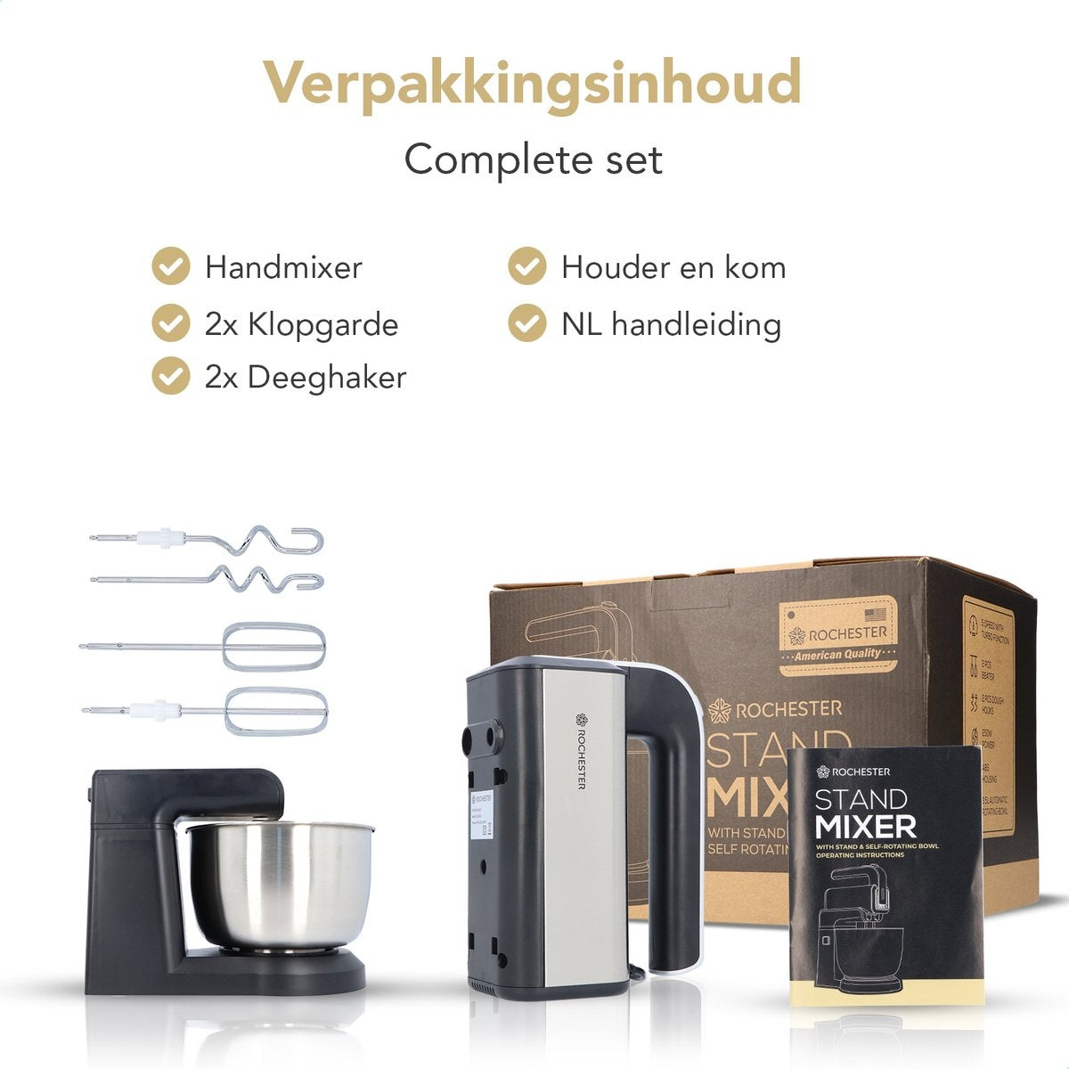 Rochester Handmixer mit Rührschüssel - Küchenmaschine - 5 Geschwindigkeitsstufen - Edelstahl