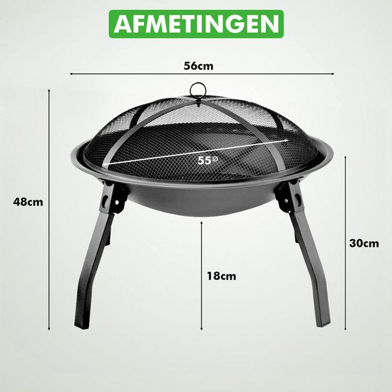 Travelhawk Feuerschale – Tragbare, zusammenklappbare Outdoor-Feuerschale – Feuerkorb für Grill – Mit Funkenfänger – Für Kohle oder Holz – 55 cm Durchmesser – Inklusive Deckel, Aufbewahrungstasche, Feuerzange und Grillrost