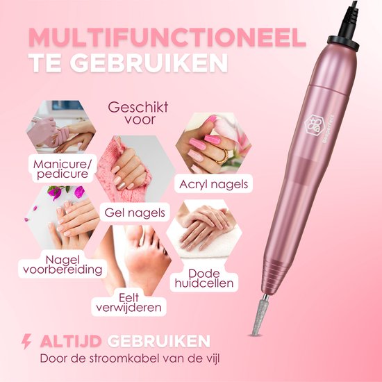 Beeperfect® Elektrische Nagelfeile - Nagelfräser - Maniküre- und Pediküreset - 12 Bits und 60 Schleifrollen - 4 Extra-Zubehör - Pink