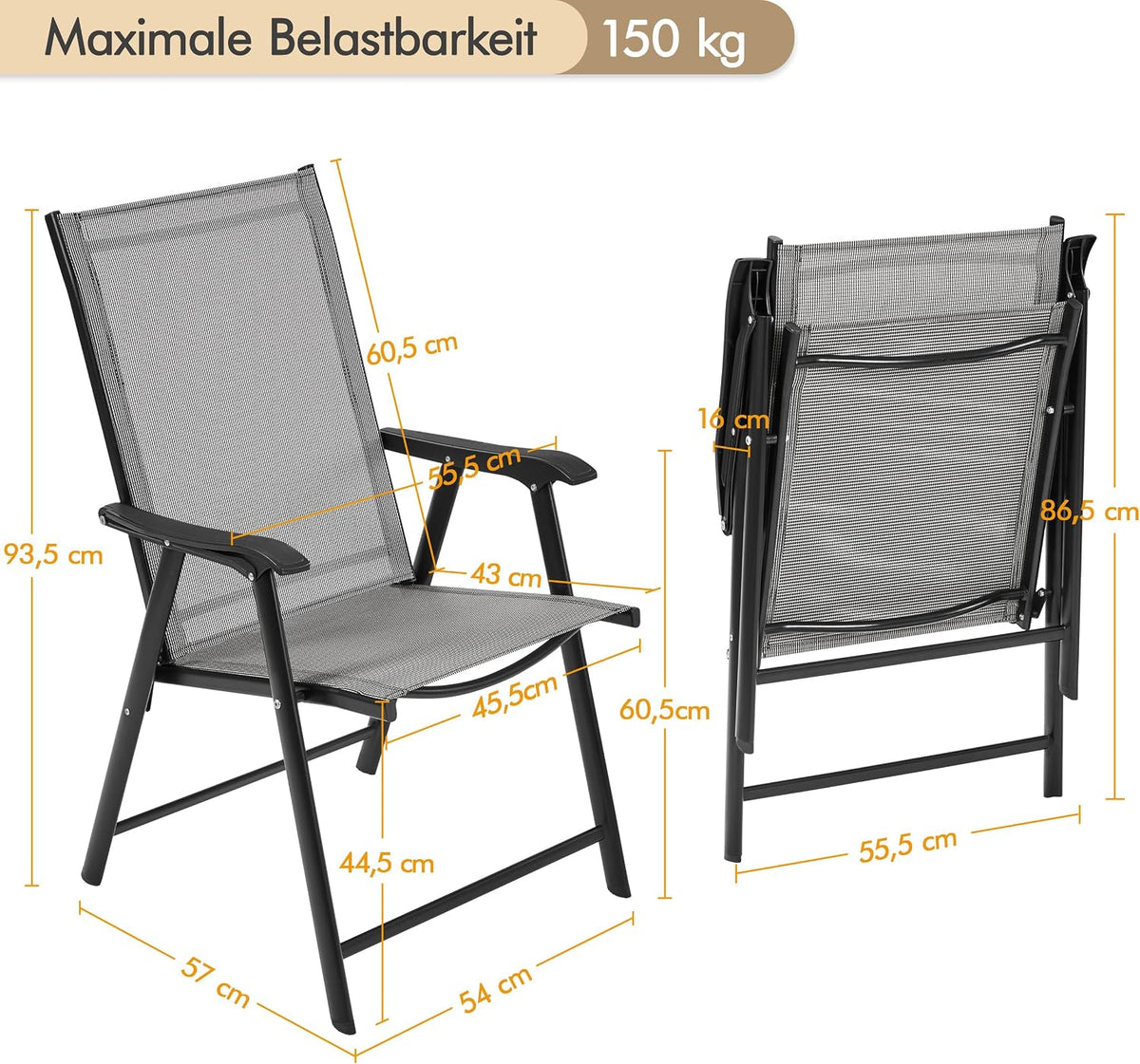 Yaheetech Gartenstuhl-Set, 2er-Set – Klappstühle mit Rückenlehne und Armlehnen – Braun – 54 x 57 x 93,5 cm – Belastbar bis 150 kg